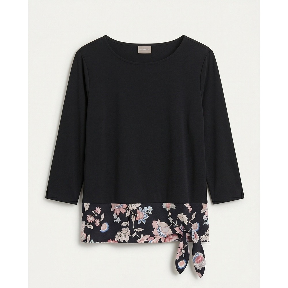 Chico's 2 Black Floral Side Tie Hem 3/4 Sleeve Top Large Mixed Media Botanical